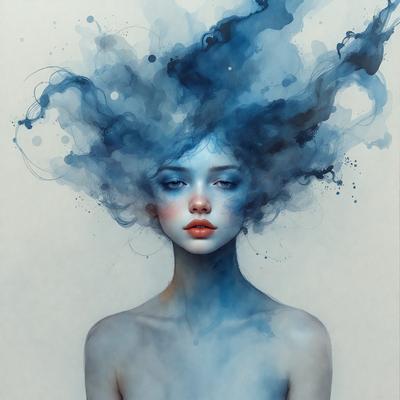 The primary subject of the image is a woman with a blue-painted face, wearing a blue dress. She is the main focus of the image. The setting is a painting or drawing, which gives the image a visual style of art. The colors and mood of the image are predominantly blue, creating a calm and serene atmosphere.
